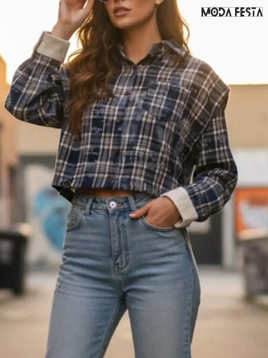 ModaFesta -elegant-drawstring-crop-check-shirt-fnavy--blue