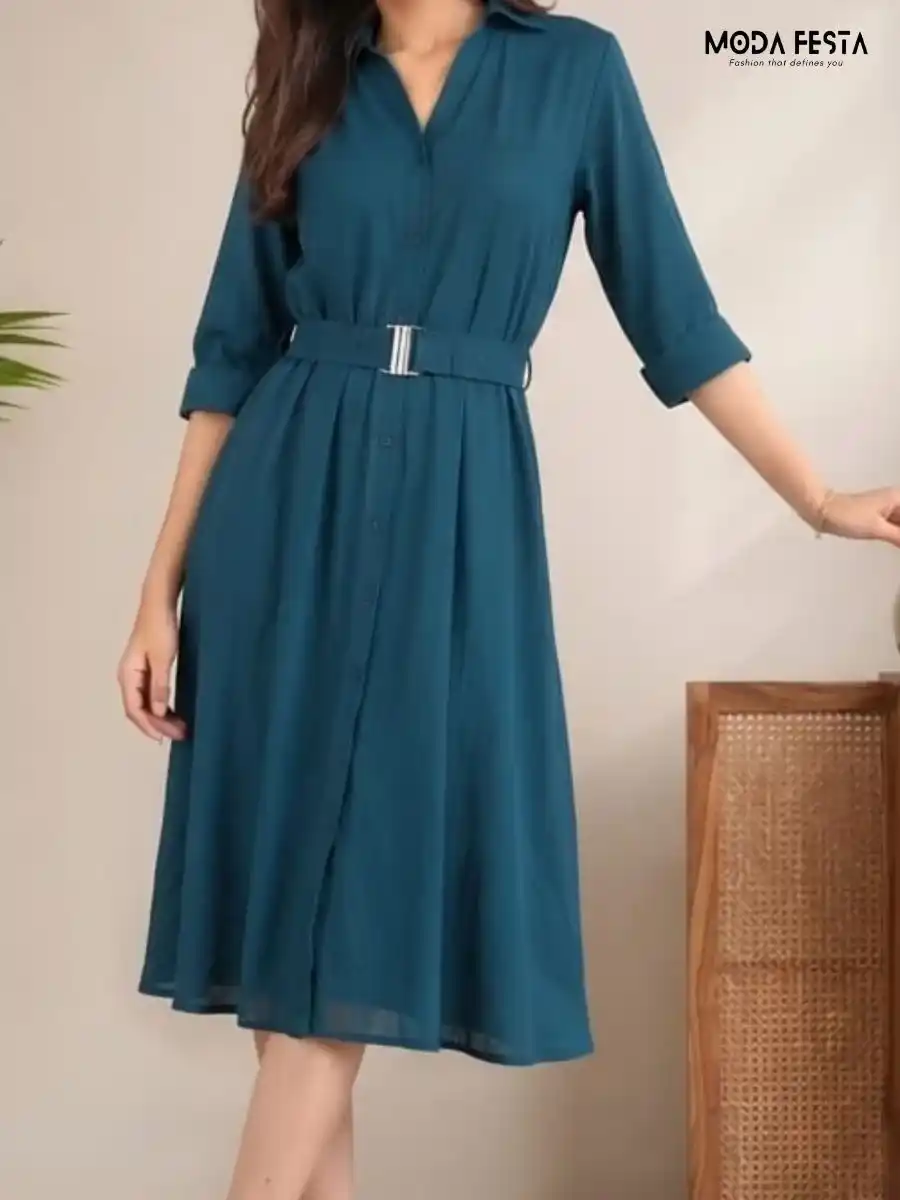 ModaFesta -teal-blue-solid-shirt-dress-with-belt