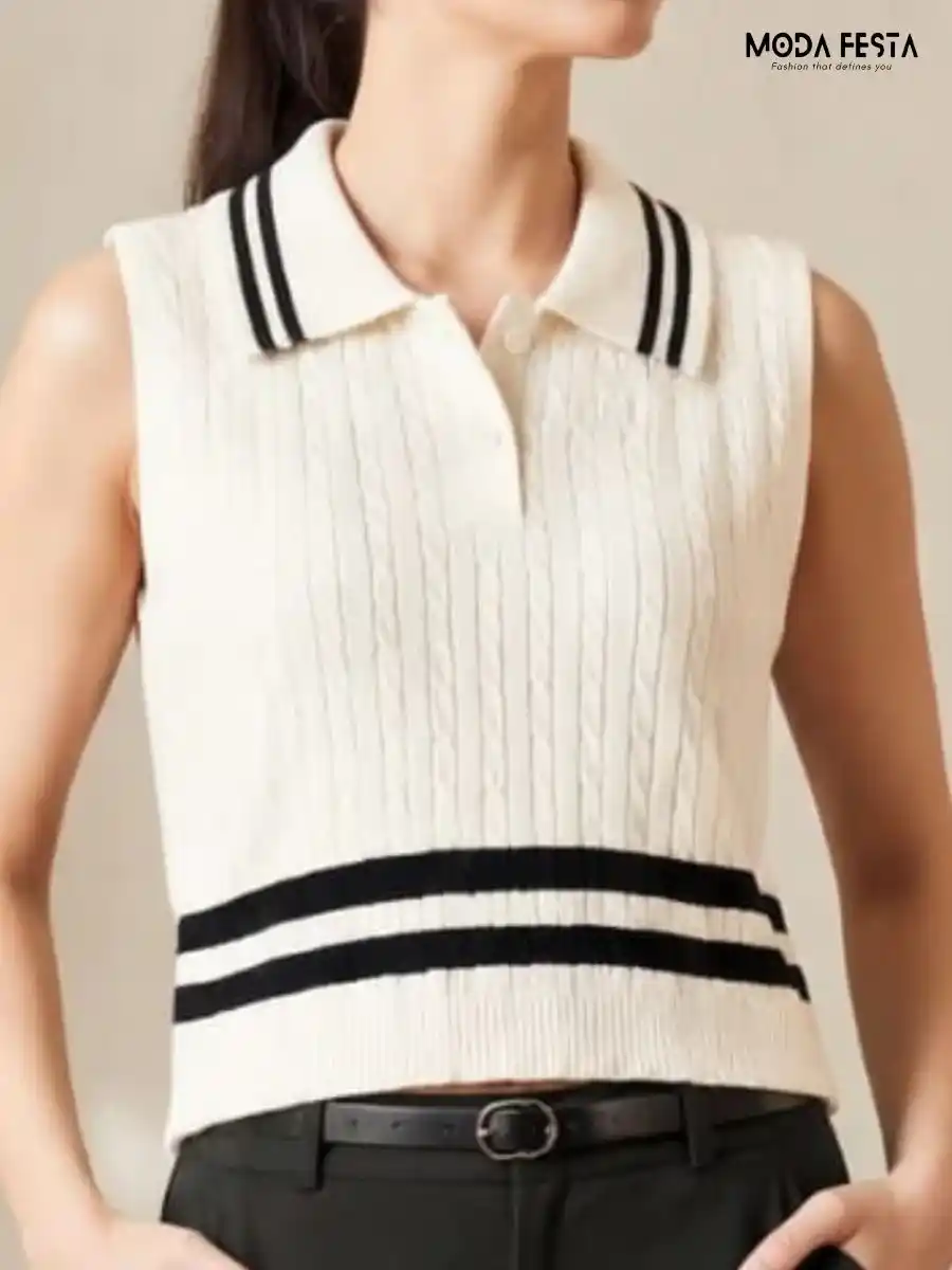 White & Black Striped Cable Knit Sleeveless Polo Top