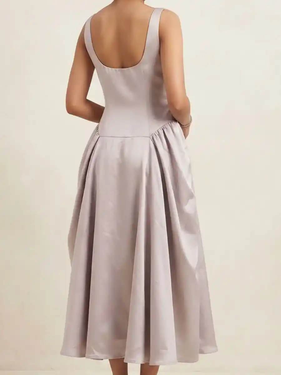 ModaFesta -elegant-square-neck-satin-midi-dress