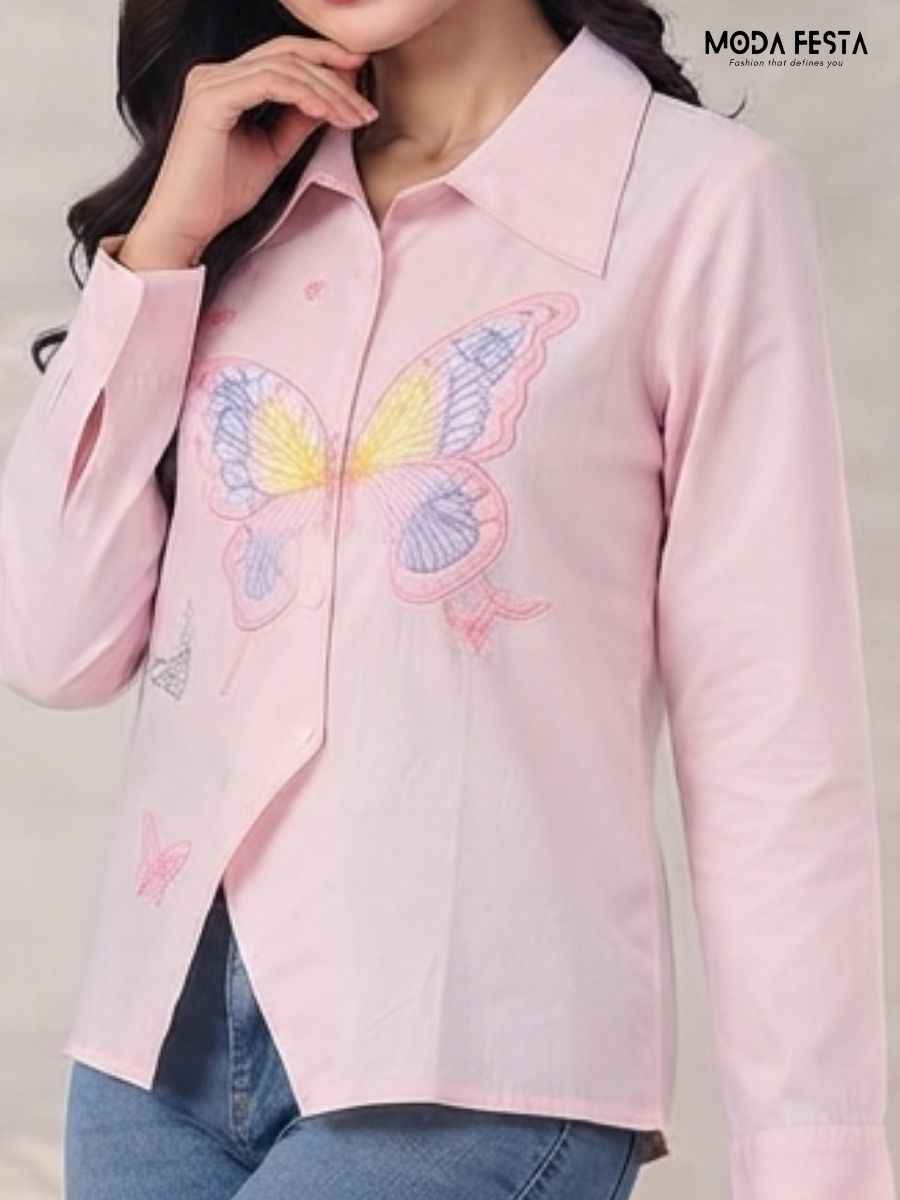 ModaFesta -modafesta-pink-butterfly-embroidered-asymmetric-shirt