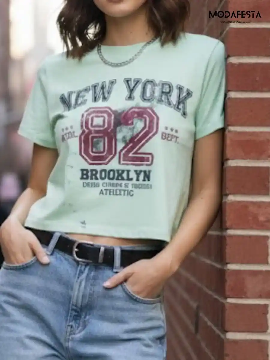 ModaFesta -elegant-new-york-graphic-crop-t-shirt-green