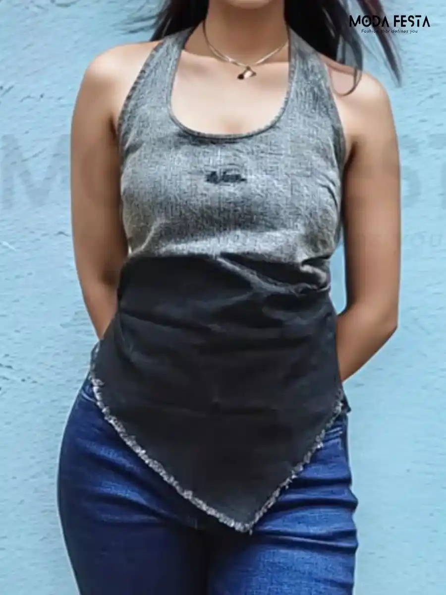 ModaFesta -halter-neck-denim-top-grey