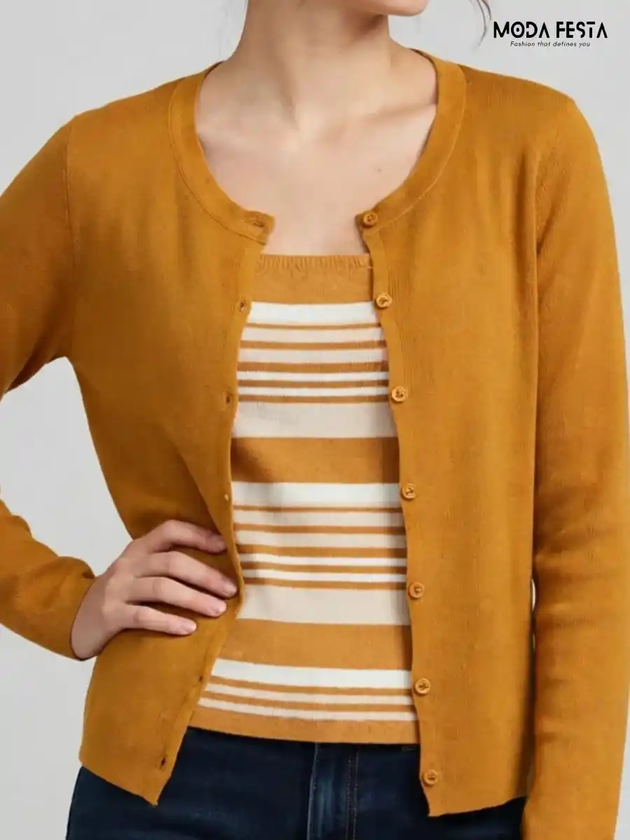 ModaFesta -mustard-yellow-cardigan-striped-inner-top-coord-set