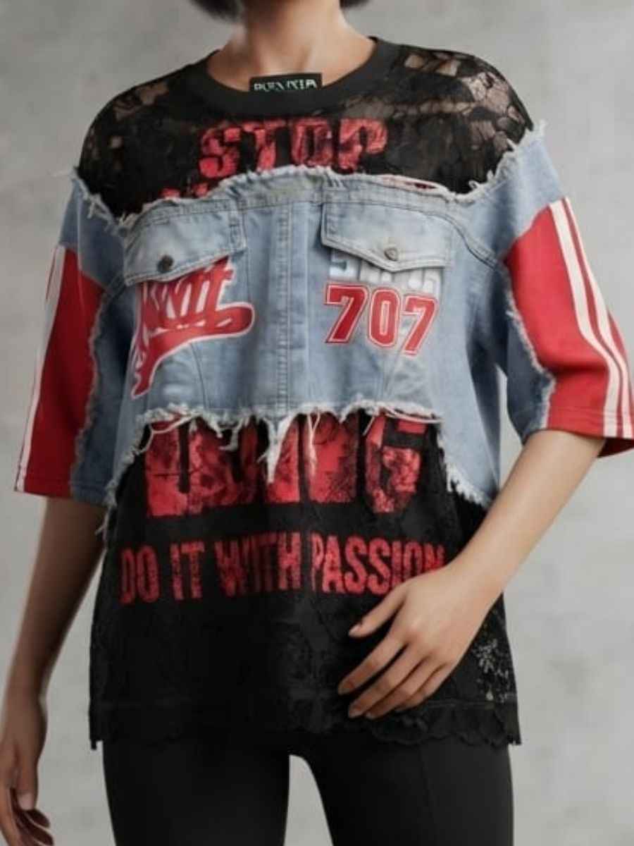 Red and Black Patchwork Denim Lace Statement Top