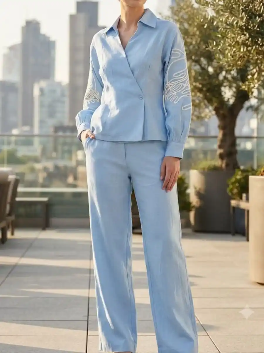 Light Blue Embroidered Sleeve Wrap Top and Straight Pants Co-ord Set