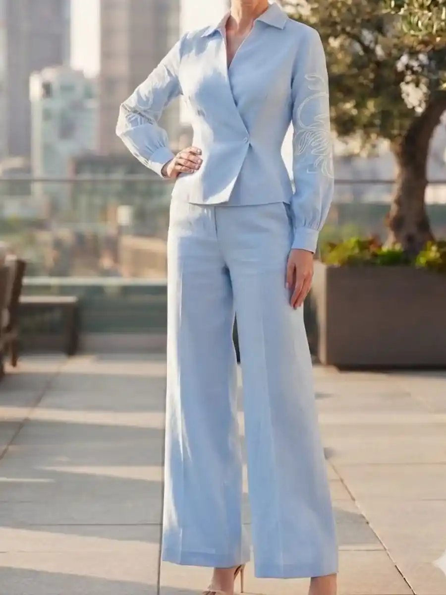 ModaFesta -light-blue-embroidered-sleeve-wrap-top-straight-pants-coord-set