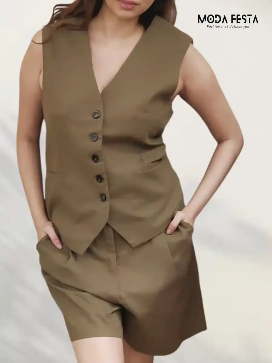 ModaFesta -elegant-waistcoat-with-short-coord-set-brown
