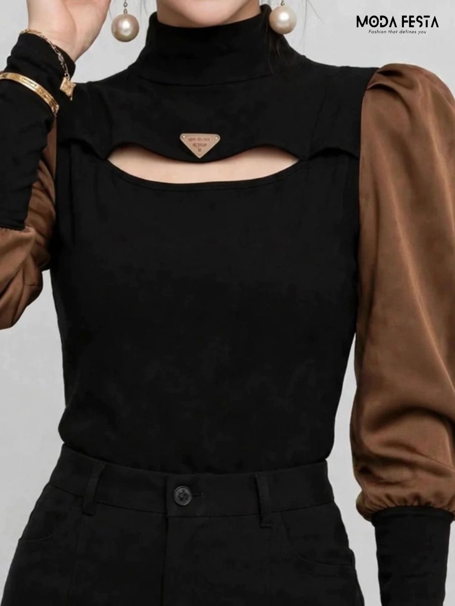 ModaFesta -black-brown-cut-out-mock-neck-top