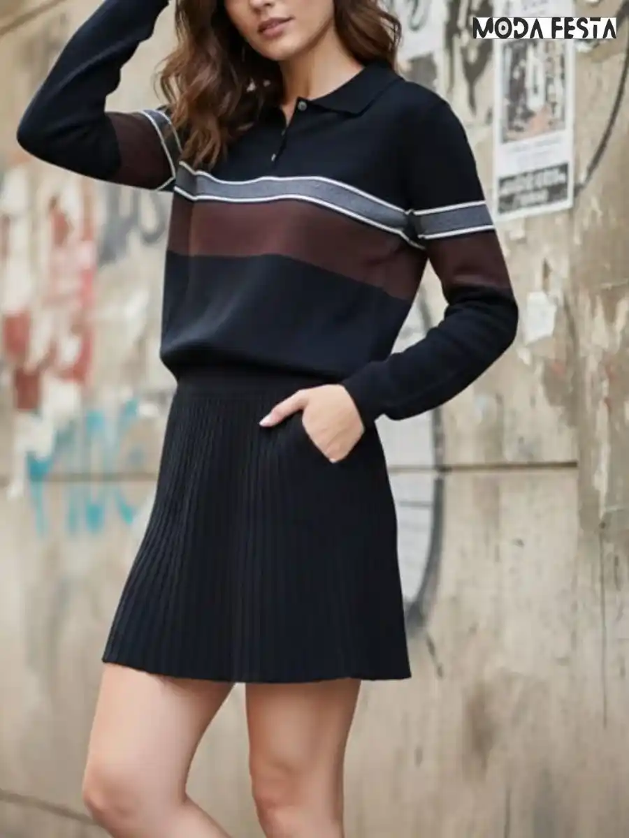 ModaFesta -stirped-polo-neck-skirt-coord-set-black