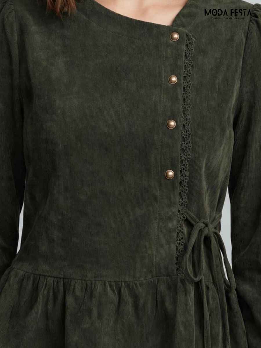 ModaFesta -corduroy-asymmetrical-button-side-tie-peplum-top