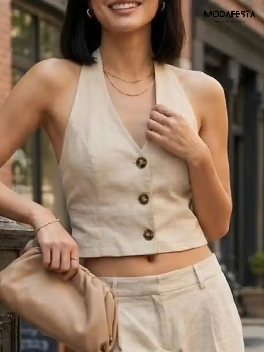ModaFesta -elegant-casual-halter-neck-top-beige
