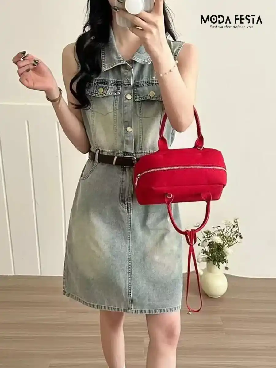 ModaFesta -retro-style-lapel-sleeveless-denim-dress