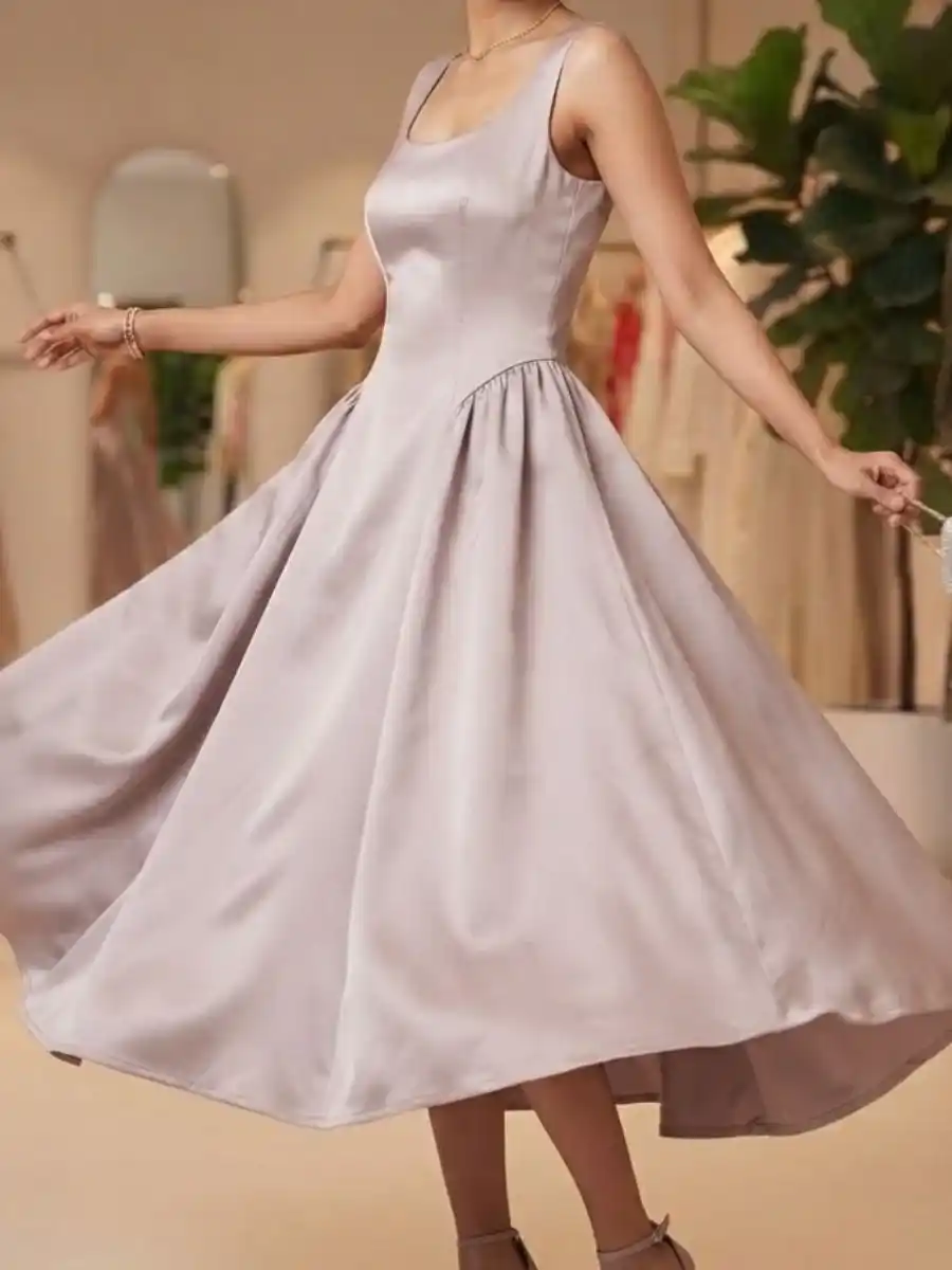 ModaFesta -elegant-square-neck-satin-midi-dress