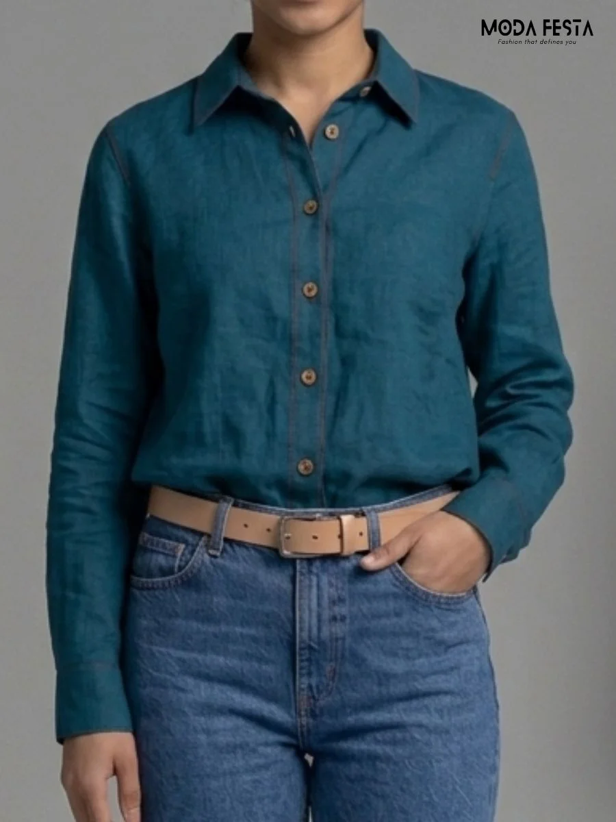 Classic Teal Linen Button-Down Shirt