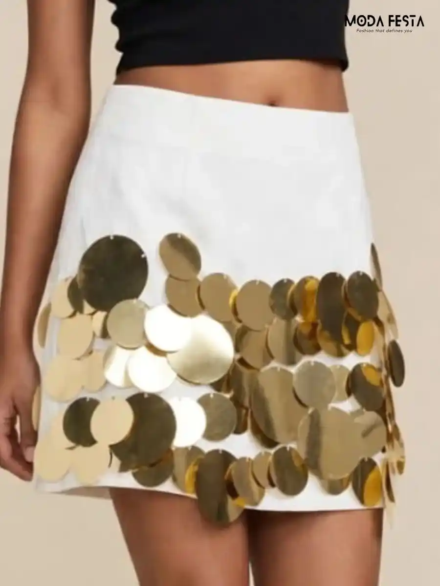 ModaFesta -white-and-gold-disc-embellished-mini-skirt
