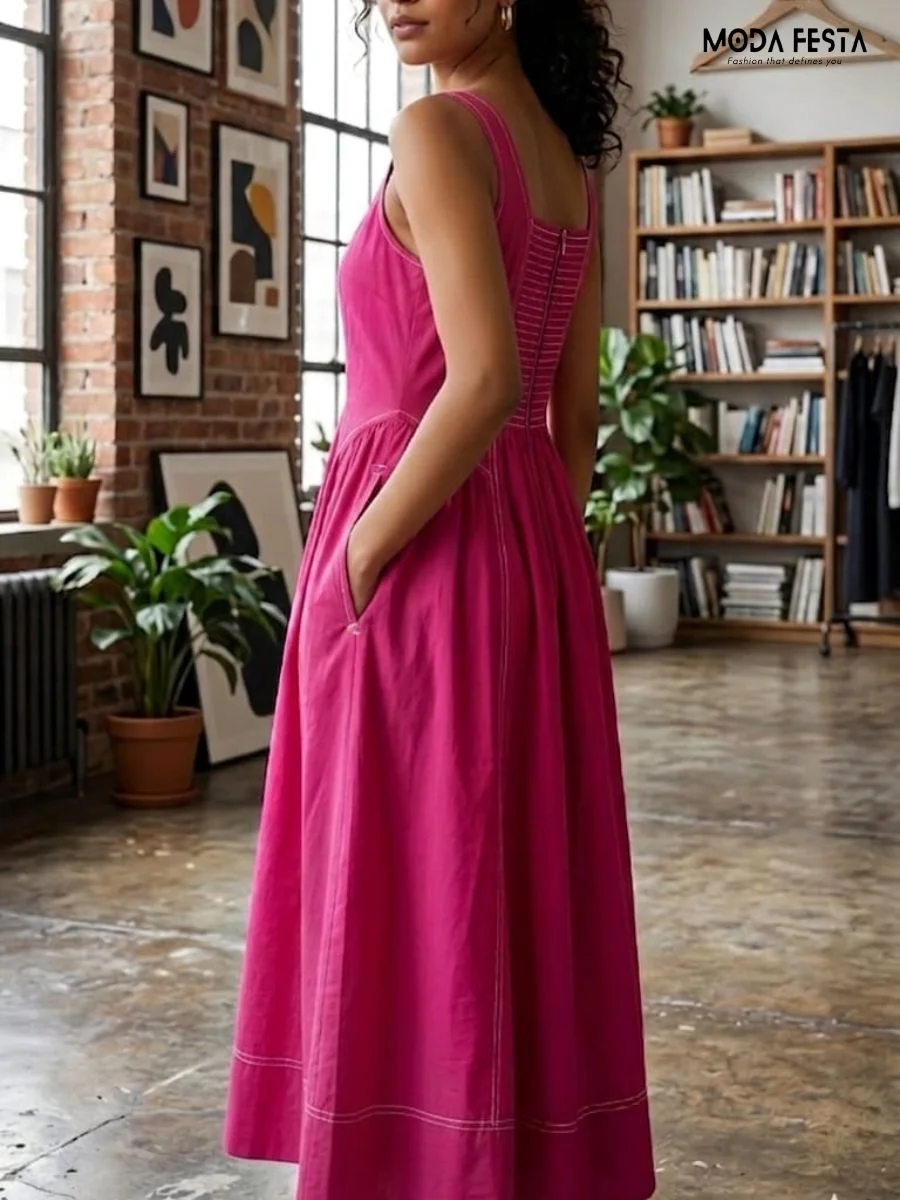 ModaFesta -contrast-stitch-square-neck-midi-dress-pink