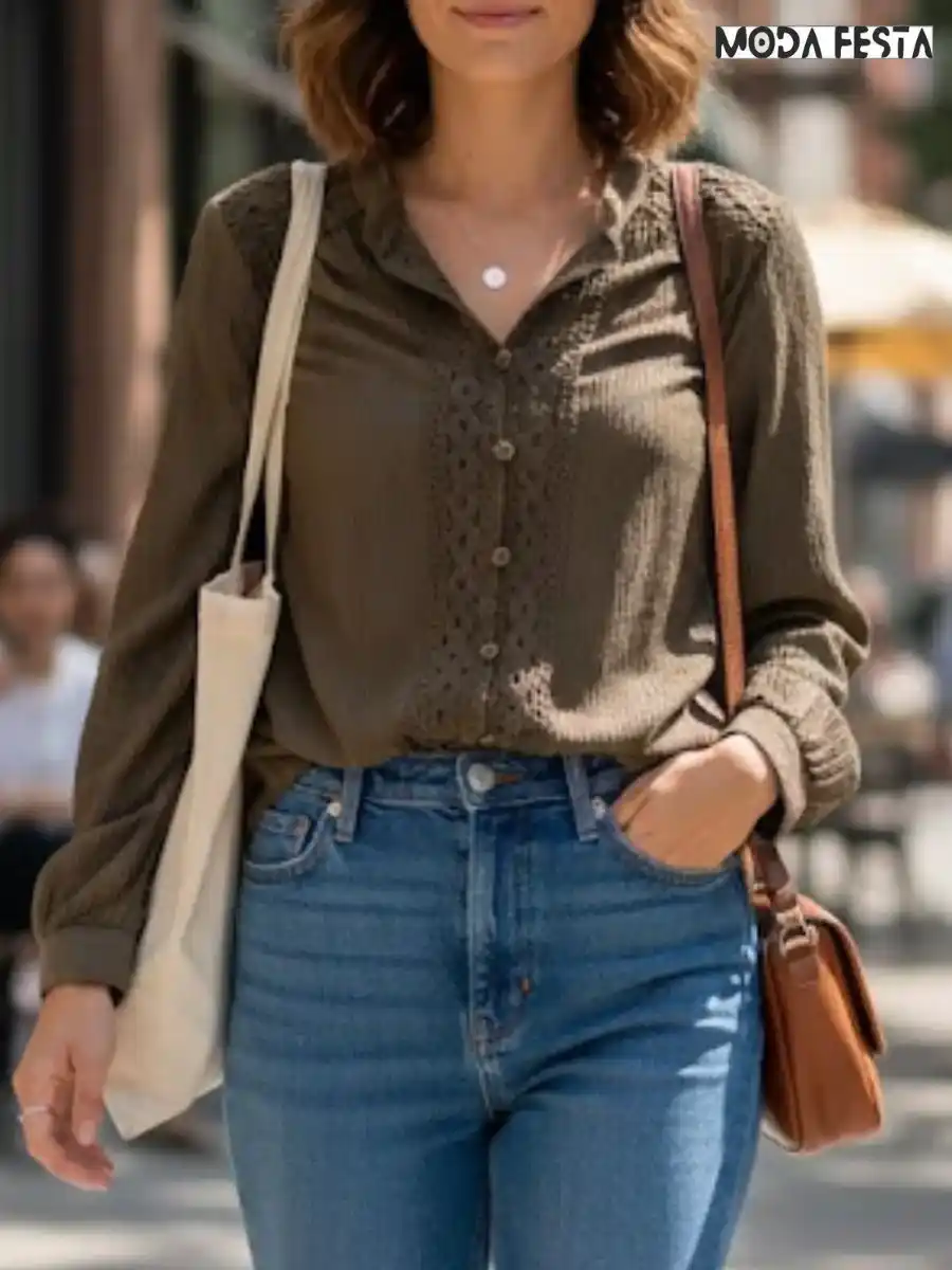 ModaFesta -elegant-brown-lace-pattern-shirt