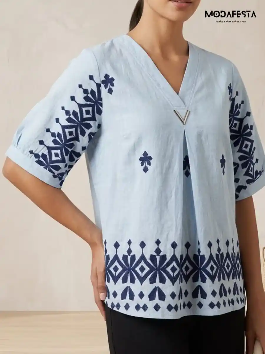 ModaFesta -classy-thread-embroidered-v-necck-top-sky-blue