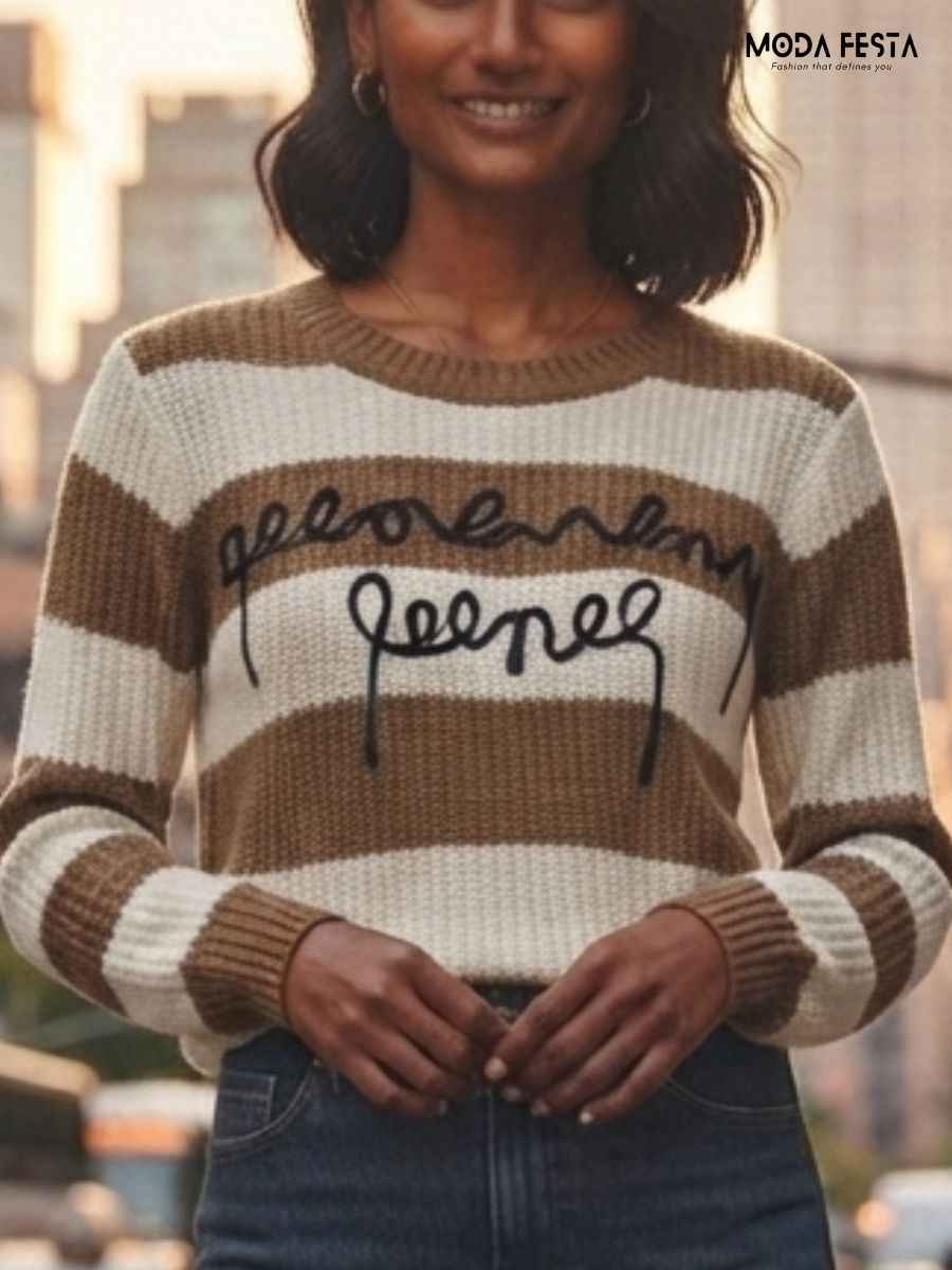 Brown & Off-White Striped Embroidered Knit Top