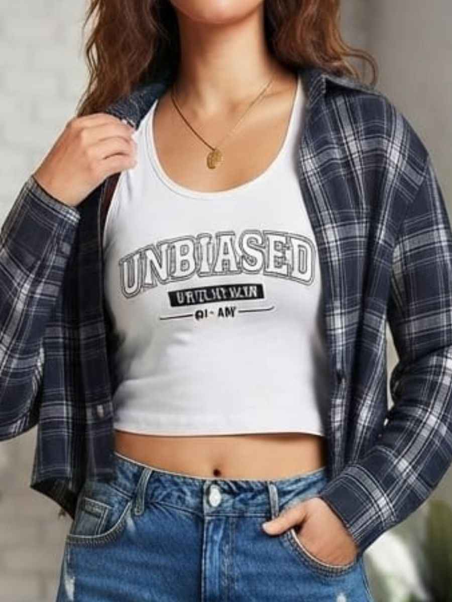Unbiased Graphic White Crop Top & Plaid Jacket Set
