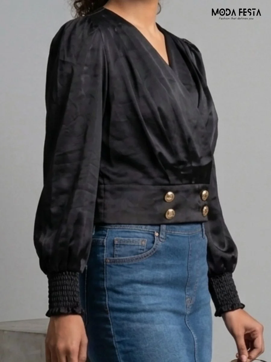 ModaFesta -black-pleated-peplum-top-with-gold-hardware