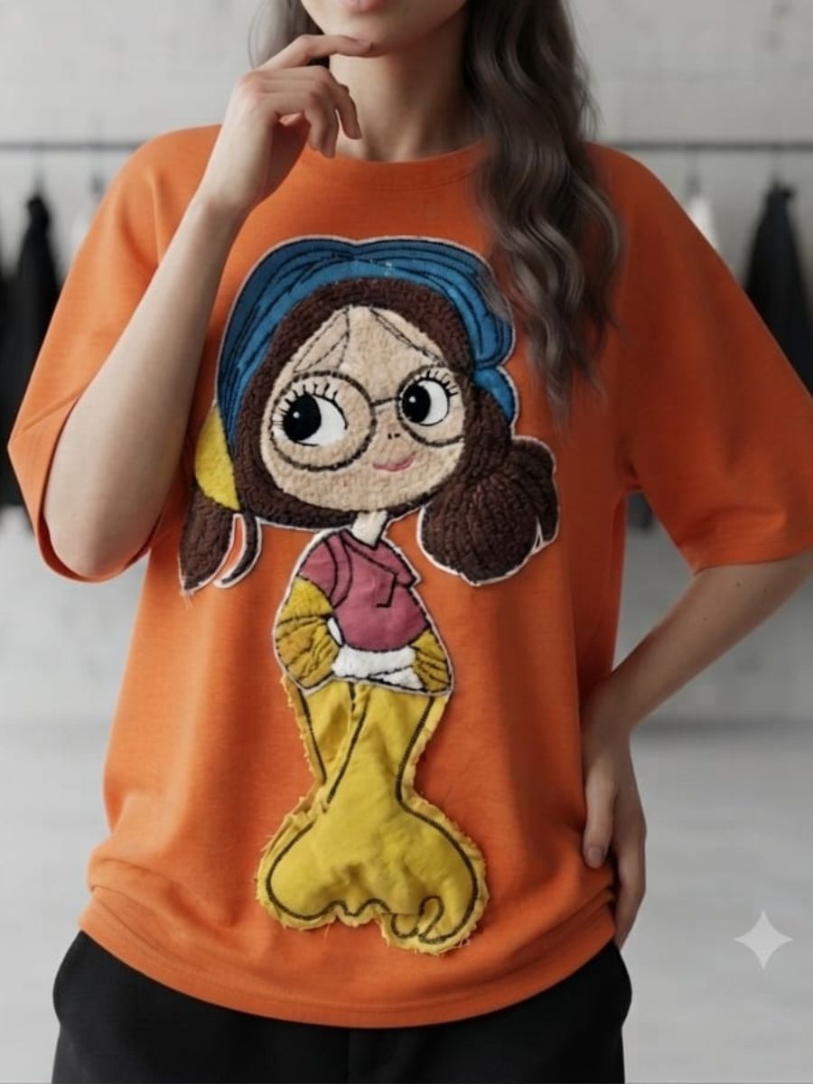 ModaFesta -womens-oversized-cartoon-patch-graphic-tshirt