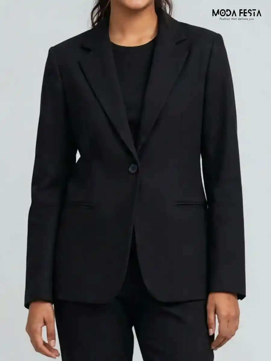 Solid Black Tailored Single-Button Blazer
