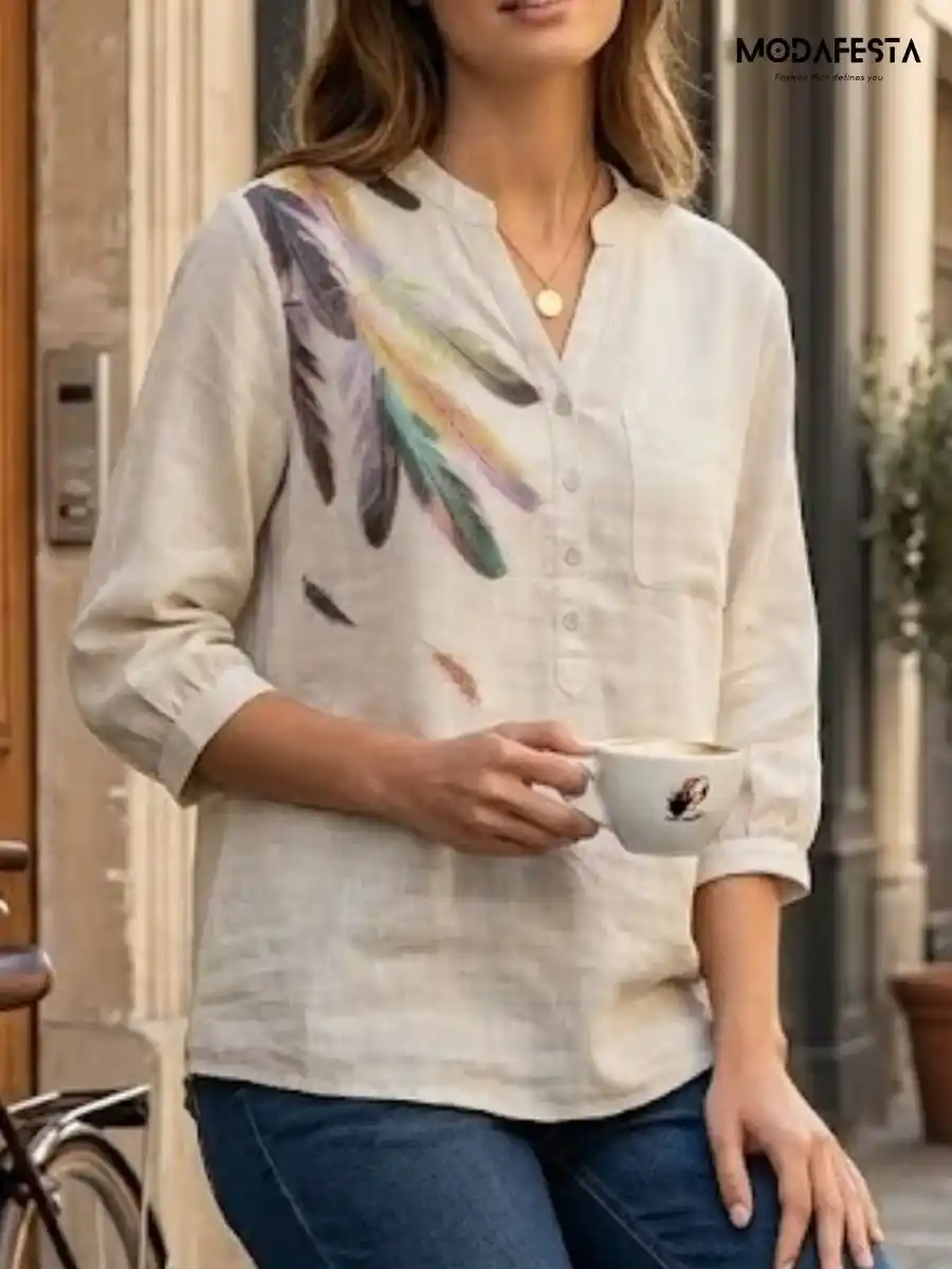 ModaFesta -elegant-linen-top-feather-print-beige