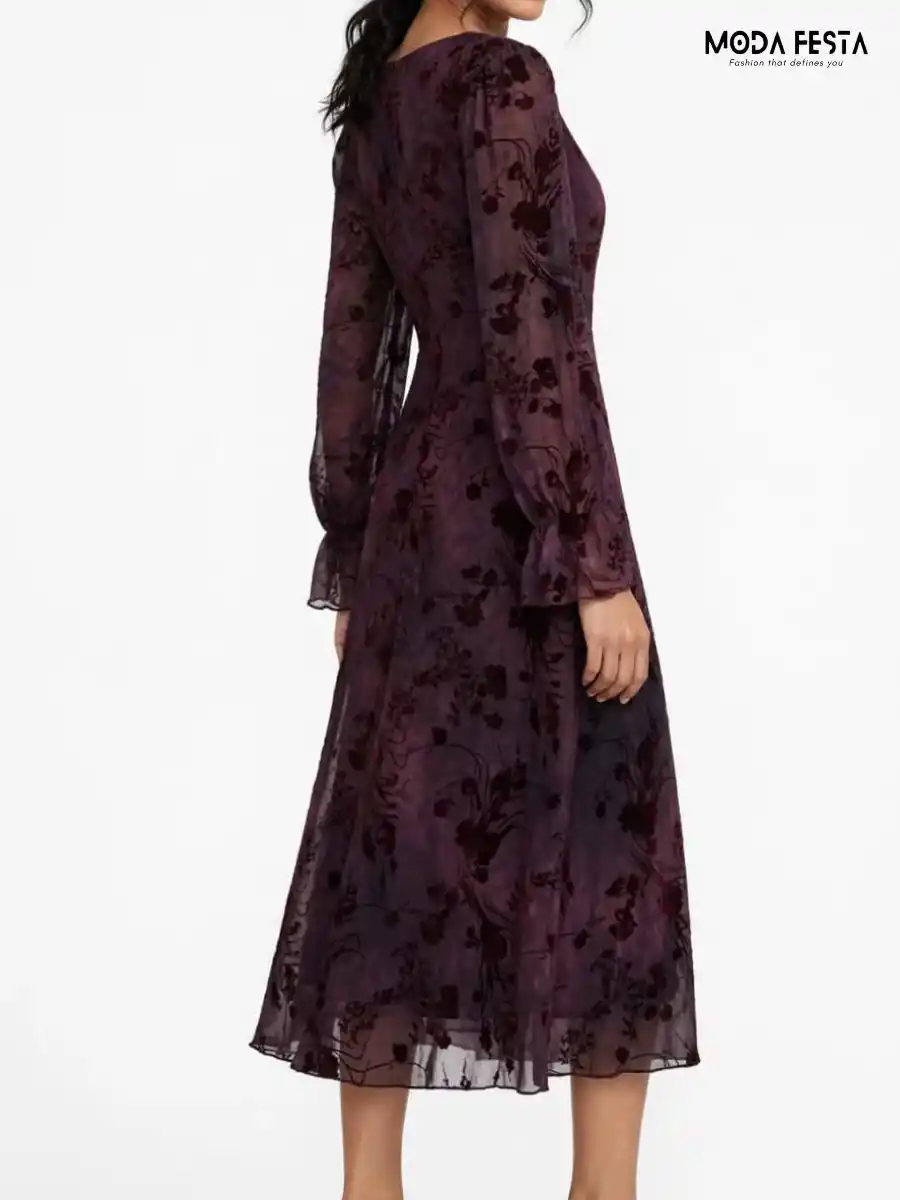 ModaFesta -elegant-floral-print-velvet-chiffon-midi-dress