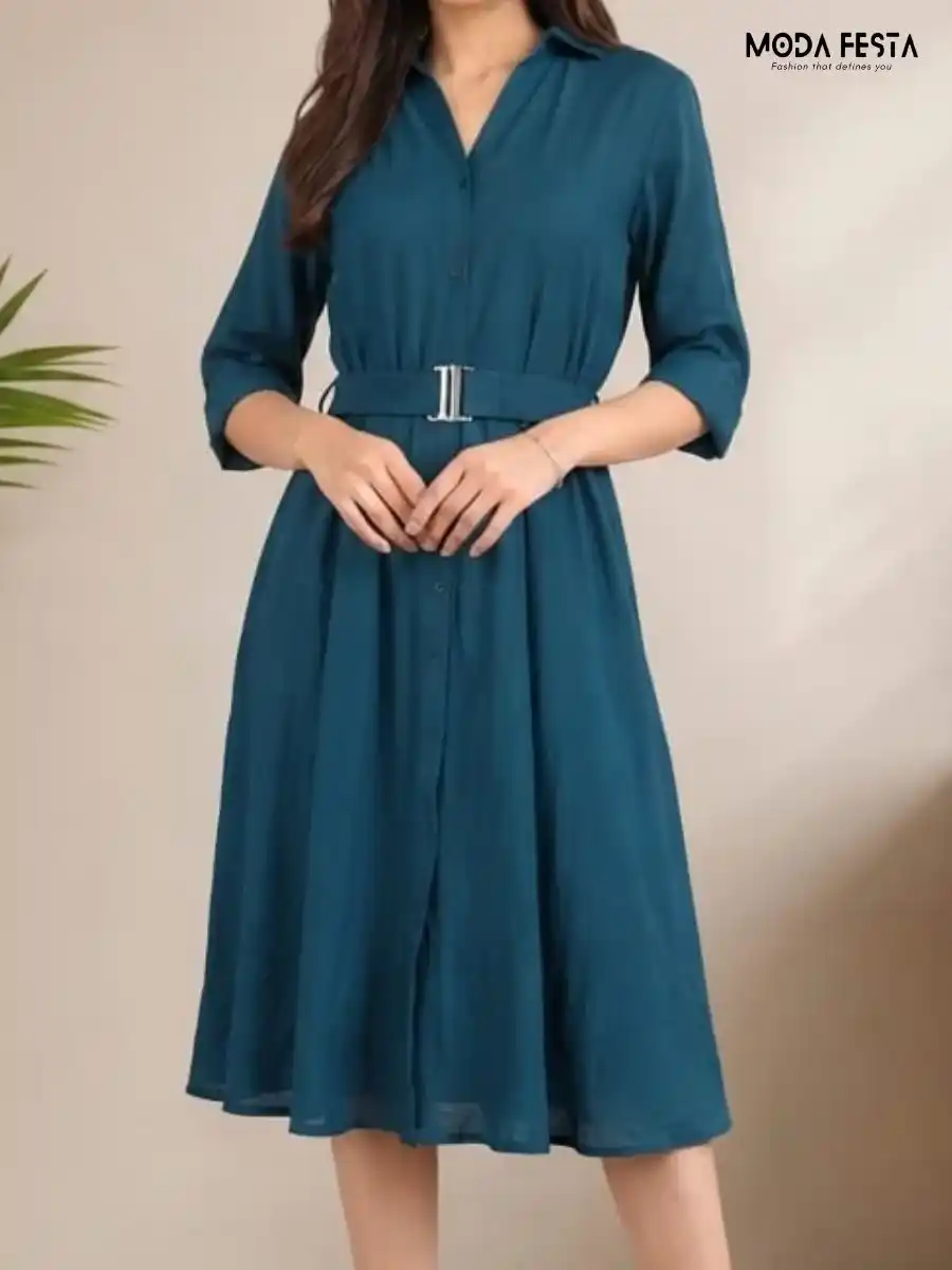Teal Blue Solid Shirt Dress with Belt