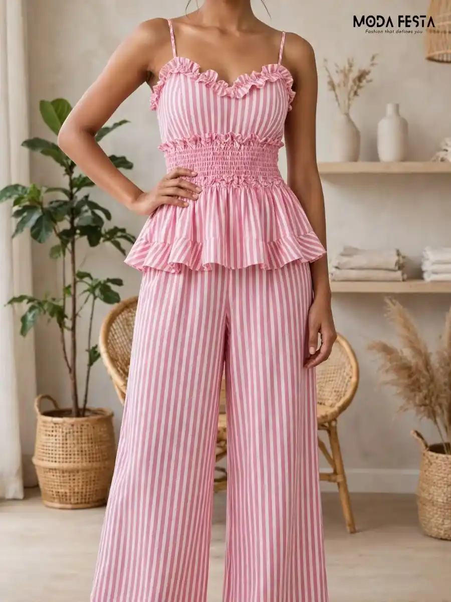 ModaFesta -peplum-top-striped-coord-set-peach