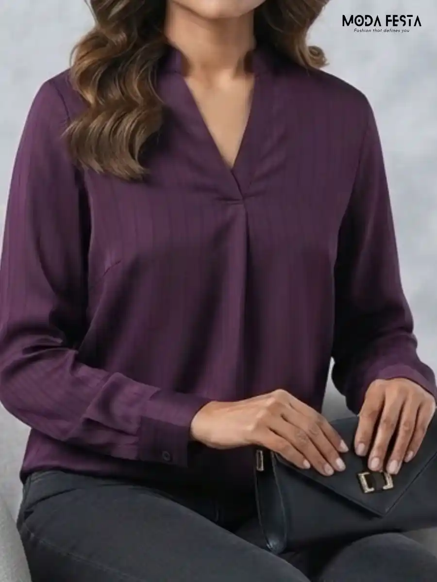 ModaFesta -elegant-striped-v-neck-purple-top