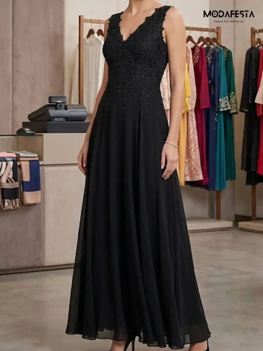 ModaFesta -elegant-v-neck-floral-lace-gown-black