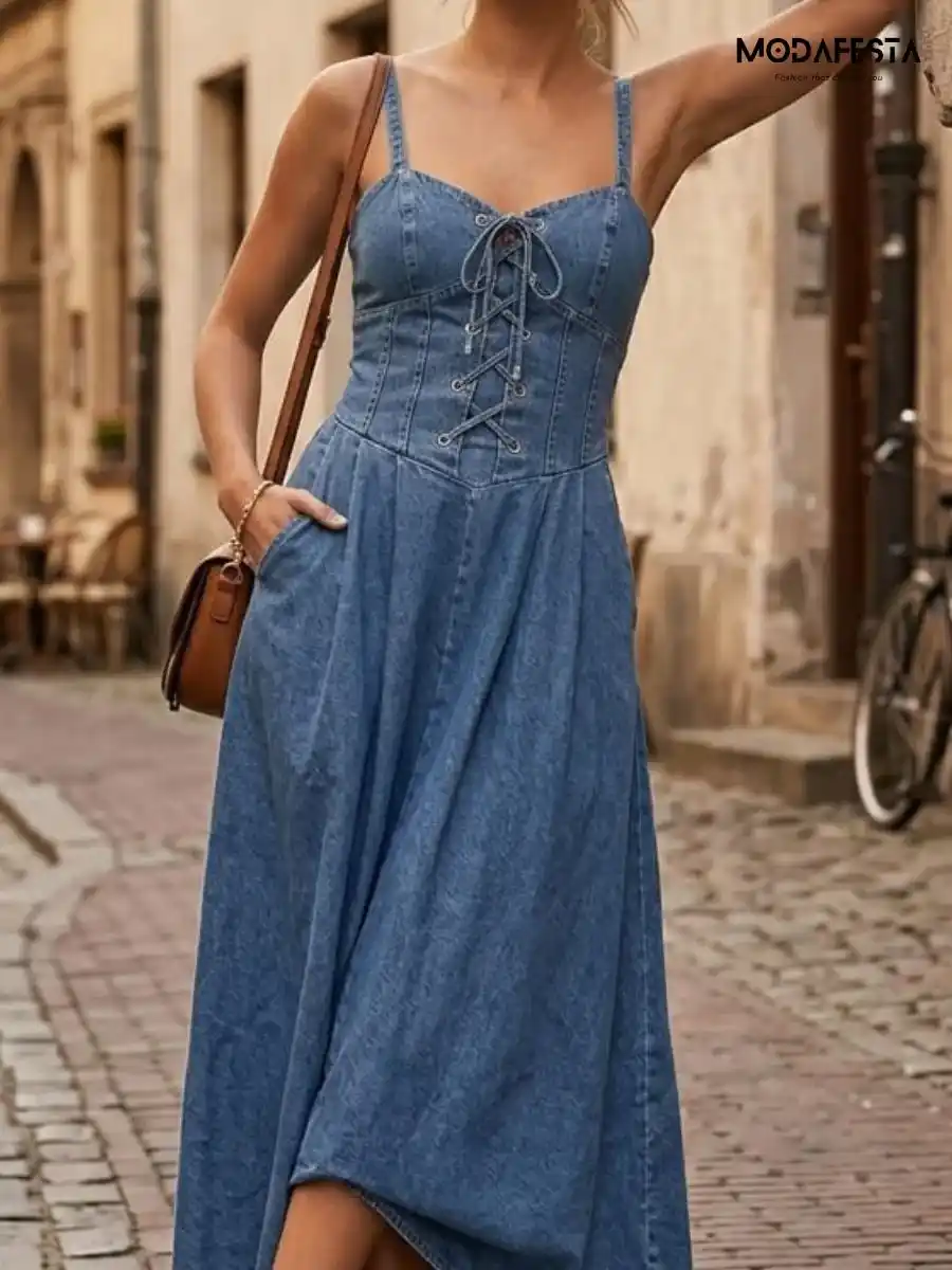 ModaFesta -elegant-a-line-dress-front-knot-style-blue