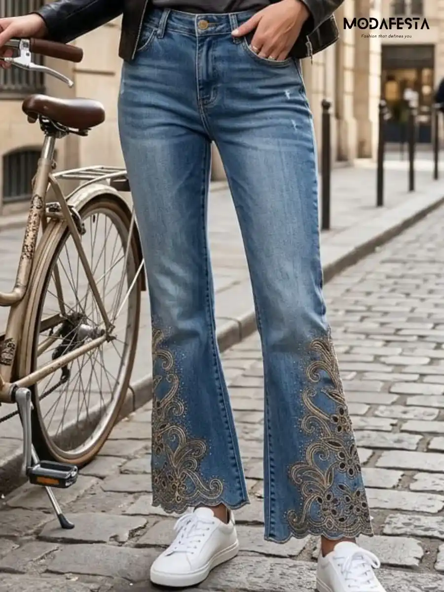 Trendy Sequenced Cutwork Boot Cut Jeans