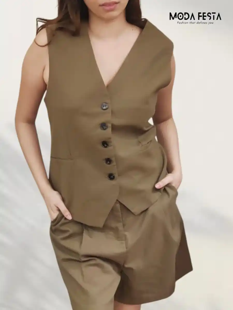 ModaFesta -elegant-waistcoat-with-short-coord-set-brown