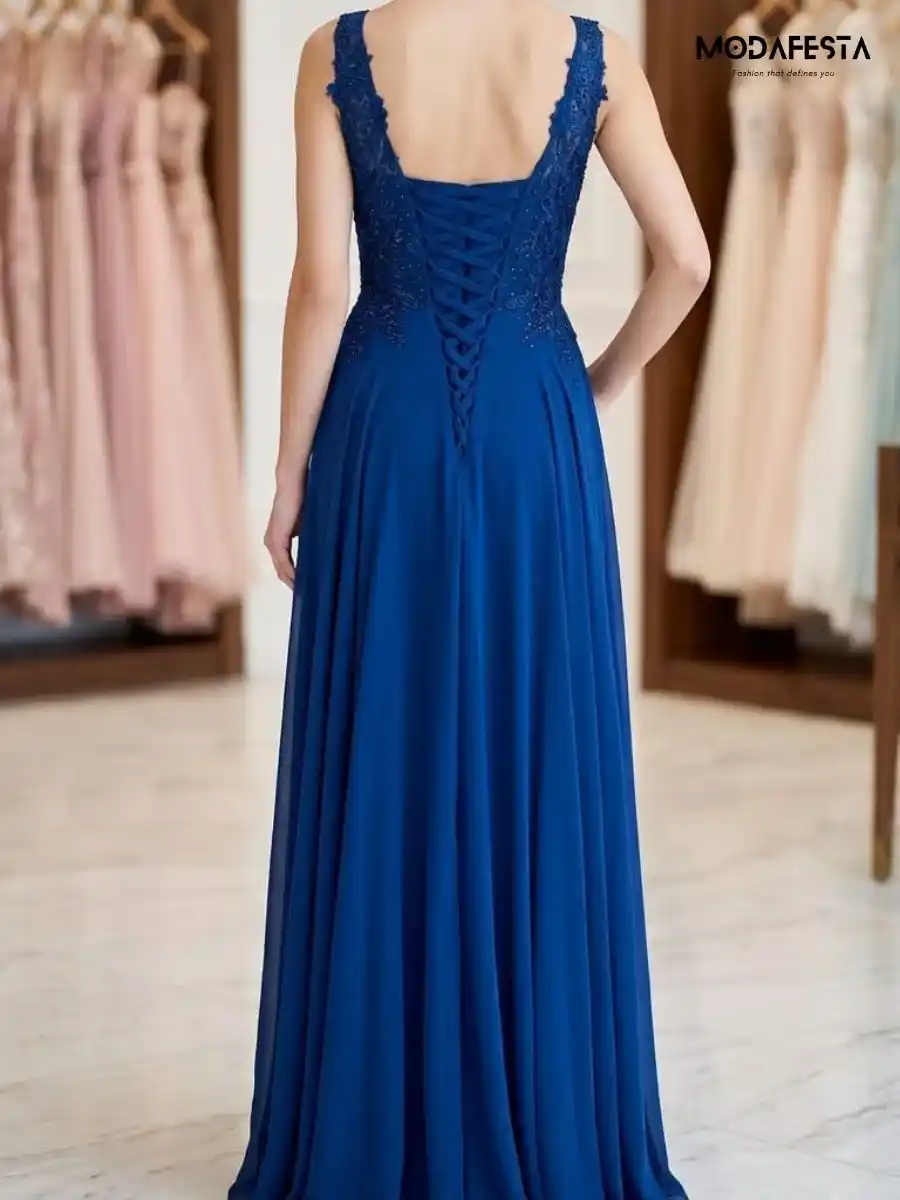 ModaFesta -elegant-v-neck-floral-lace-gown-navy-blue