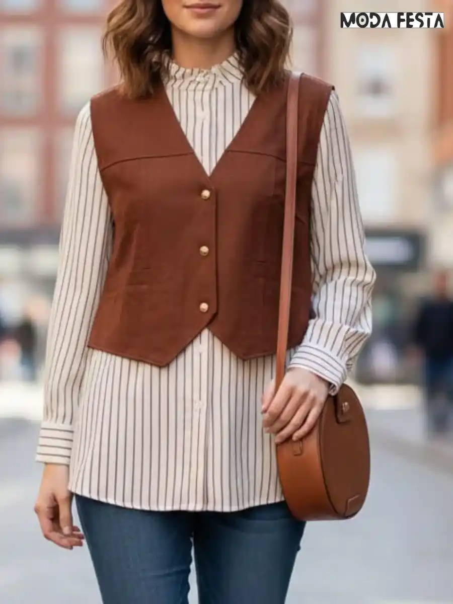 Elegant Stripe High Neck Shirt With Vest