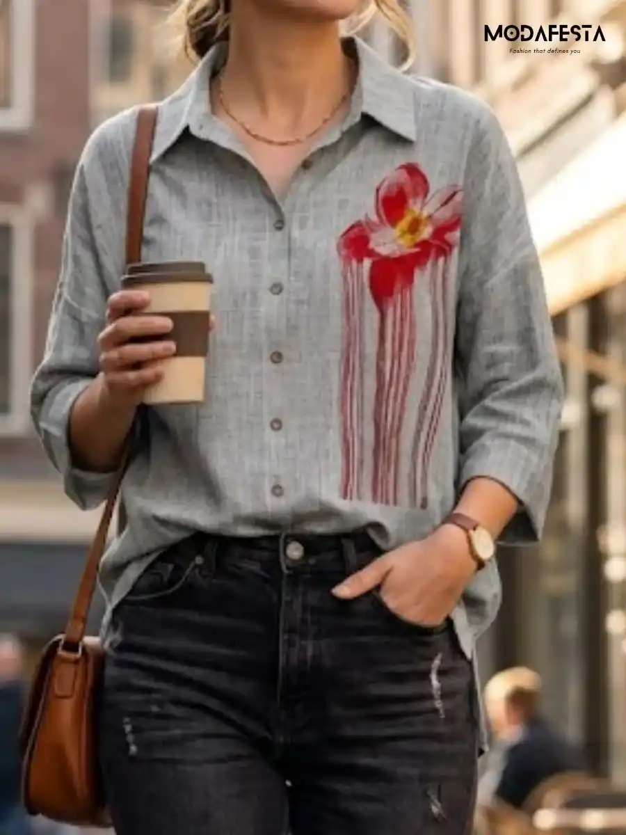 ModaFesta -classy-graphic-floral-long-shirt-grey