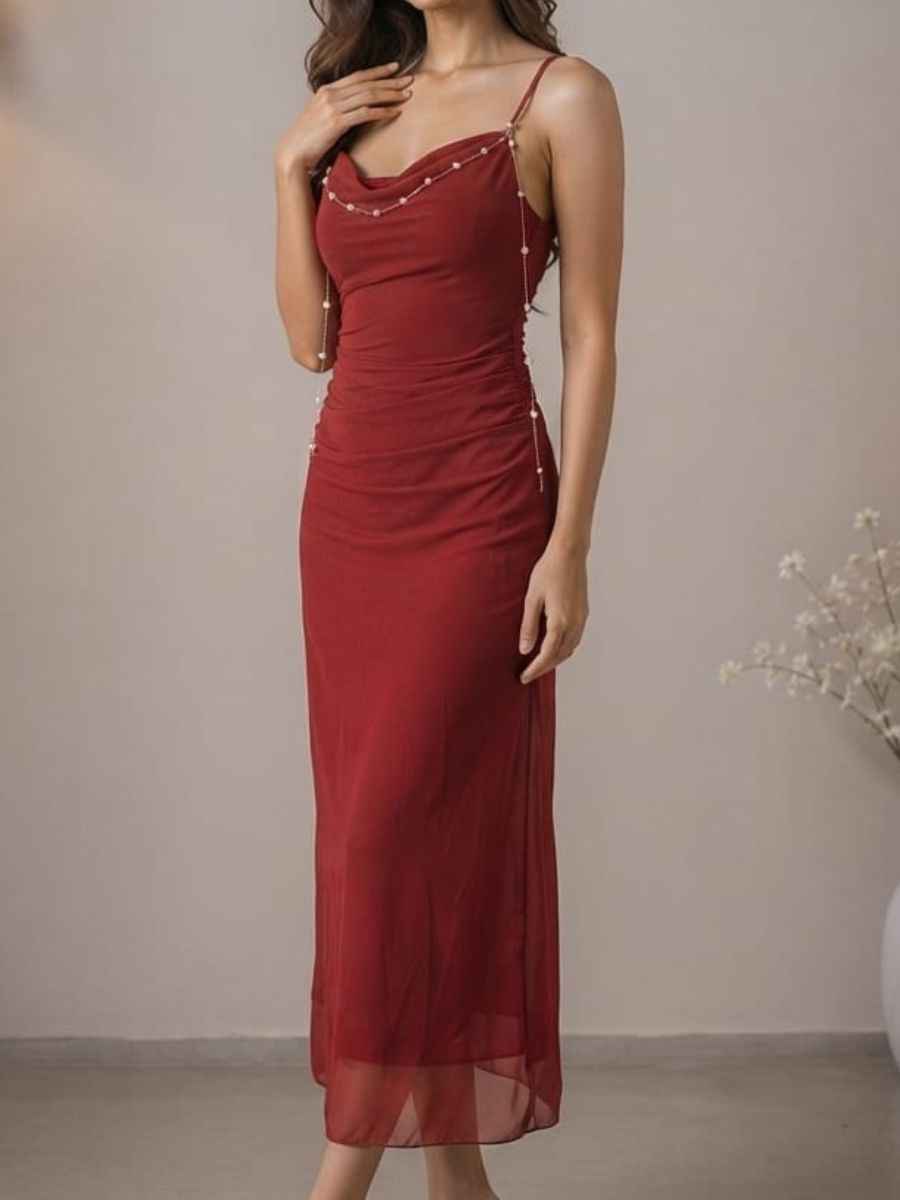 ModaFesta -wine-red-cowl-neck-pearl-embellished-ruched-mesh-maxi-dress