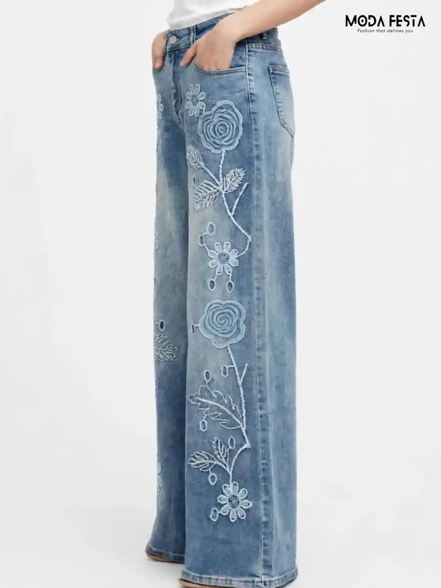 ModaFesta -blue-floral-embroidered-flare-jeans
