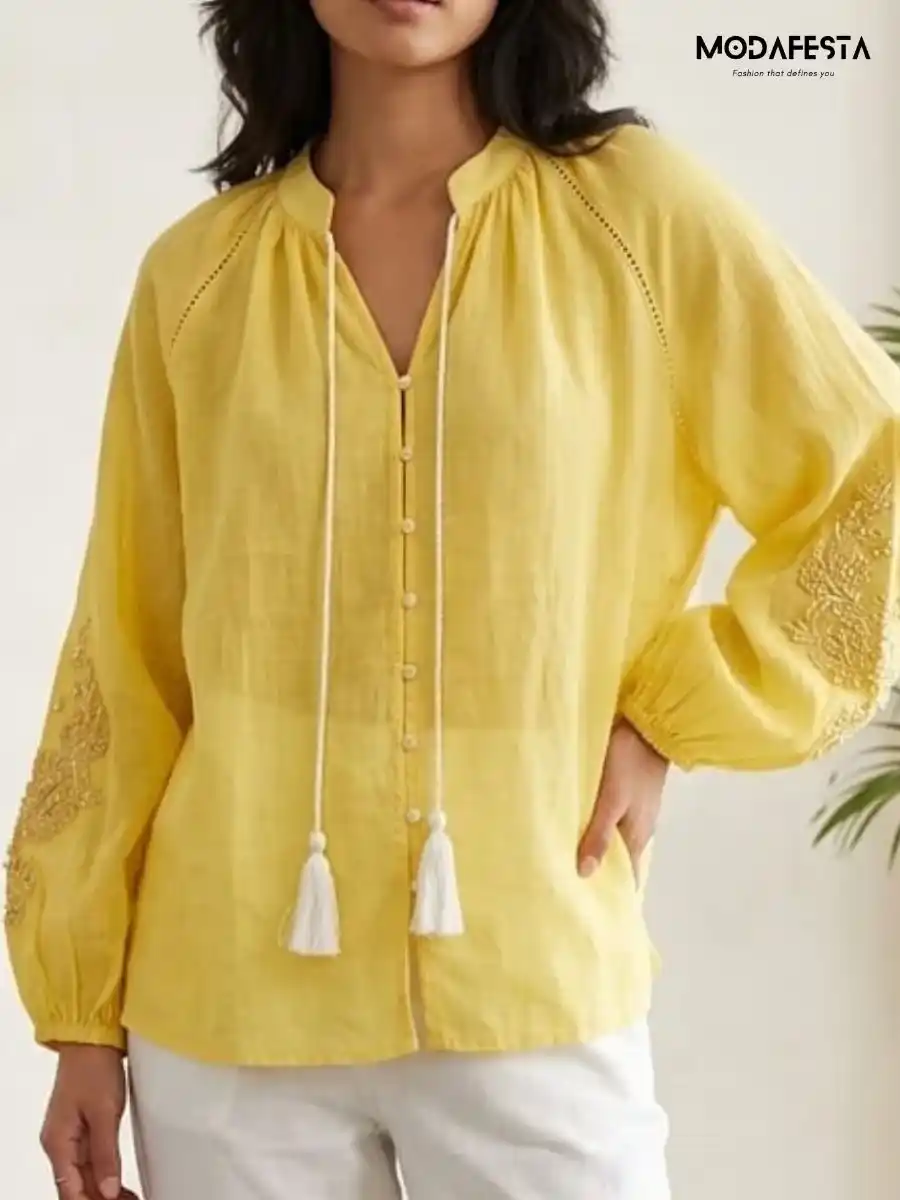 ModaFesta -elegant-v-neck-top-embroidered-work-on-sleeve-yellow