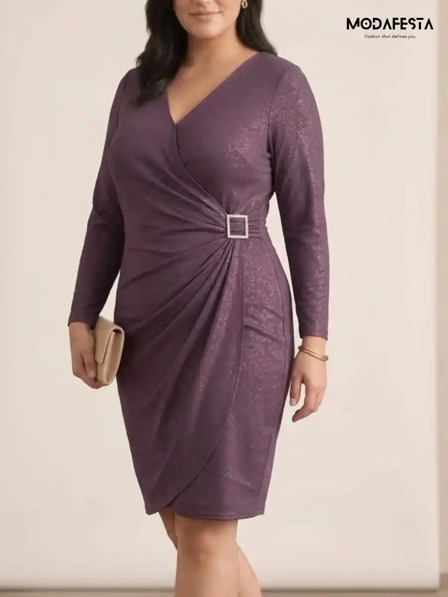 ModaFesta -elegant-v-neck-faux-wrap-party-dress-lavender