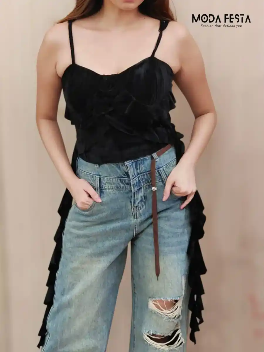 ModaFesta -asymmetric-frill-velvet-top-black