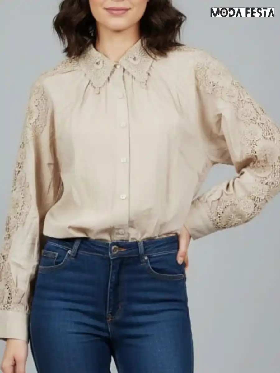ModaFesta -elegant-sleeve-cutwork-cotton-shirt-beige