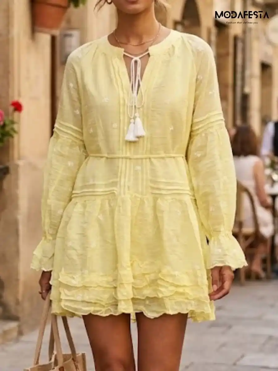 ModaFesta -elegant-boho-embroidered-tunic-dress-yellow