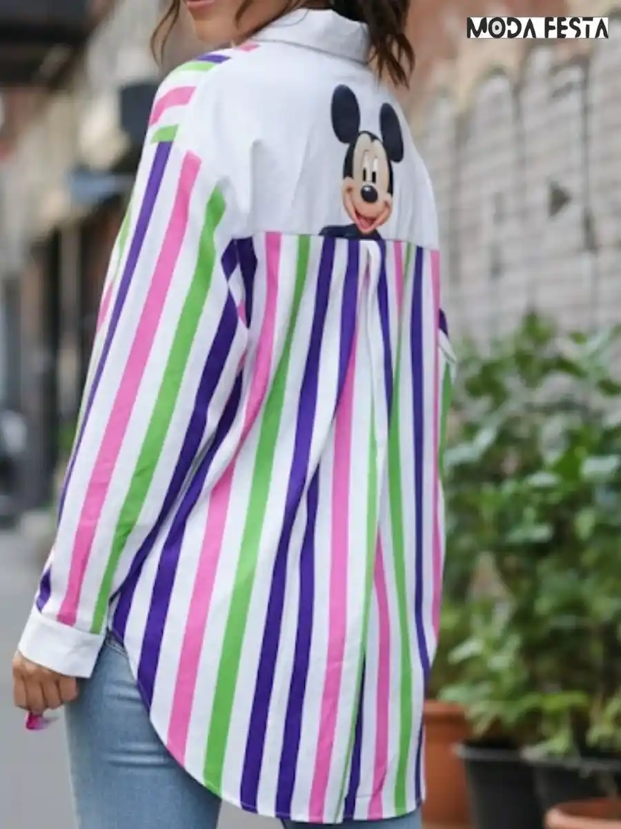 ModaFesta -elegant-disney-print-stripes-shirt-white