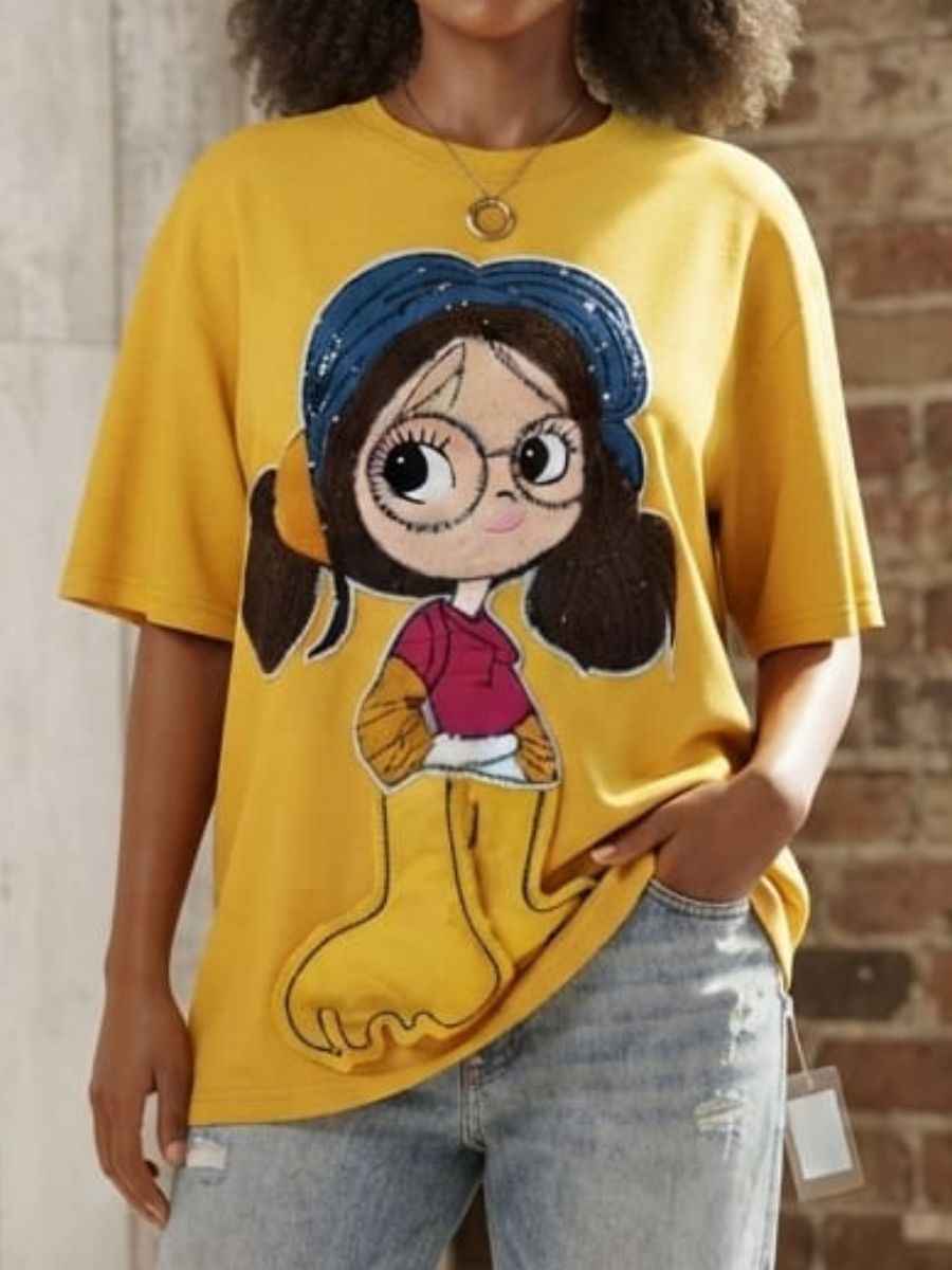 ModaFesta -yellow-casual-tshirt-with-cartoon-girl-graphic