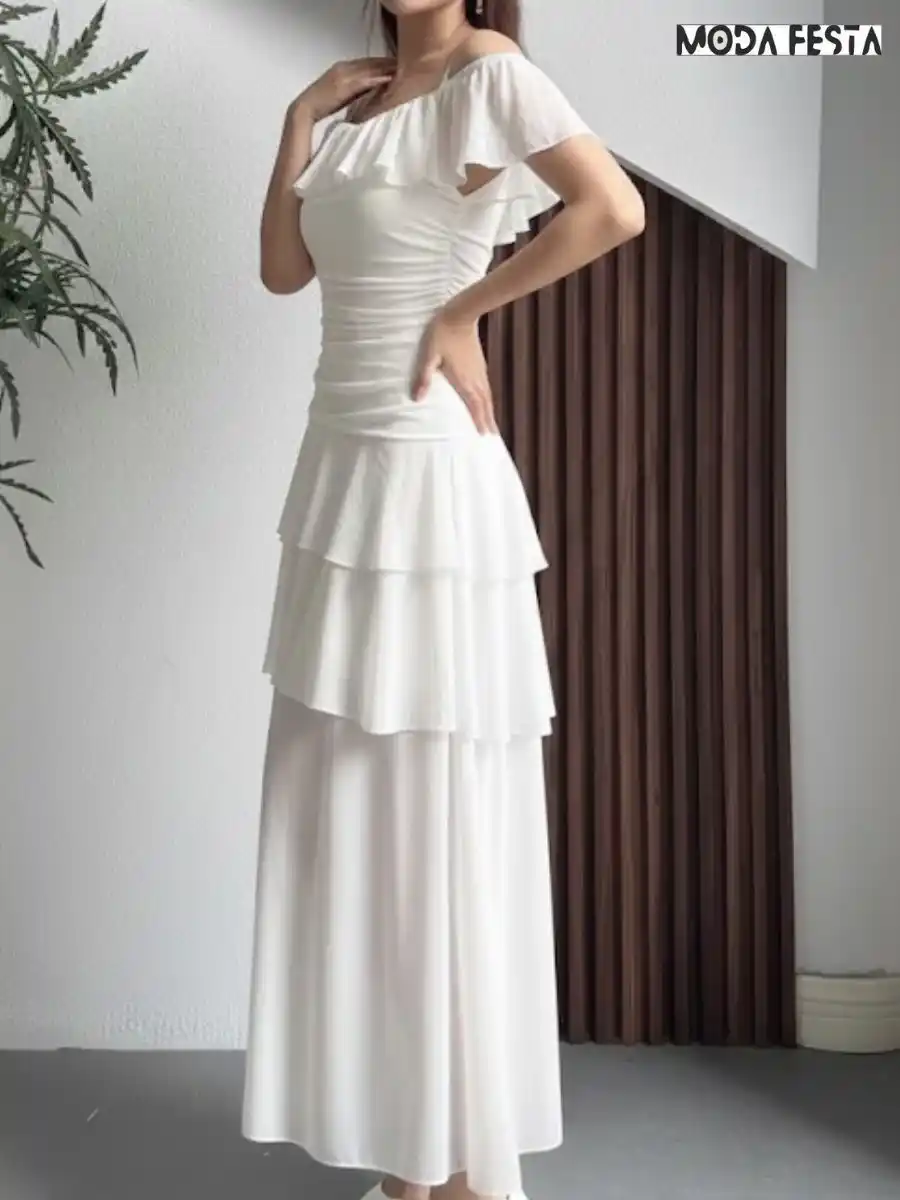 ModaFesta -elegant-spaghetti-strap-ruffle-dress-beige